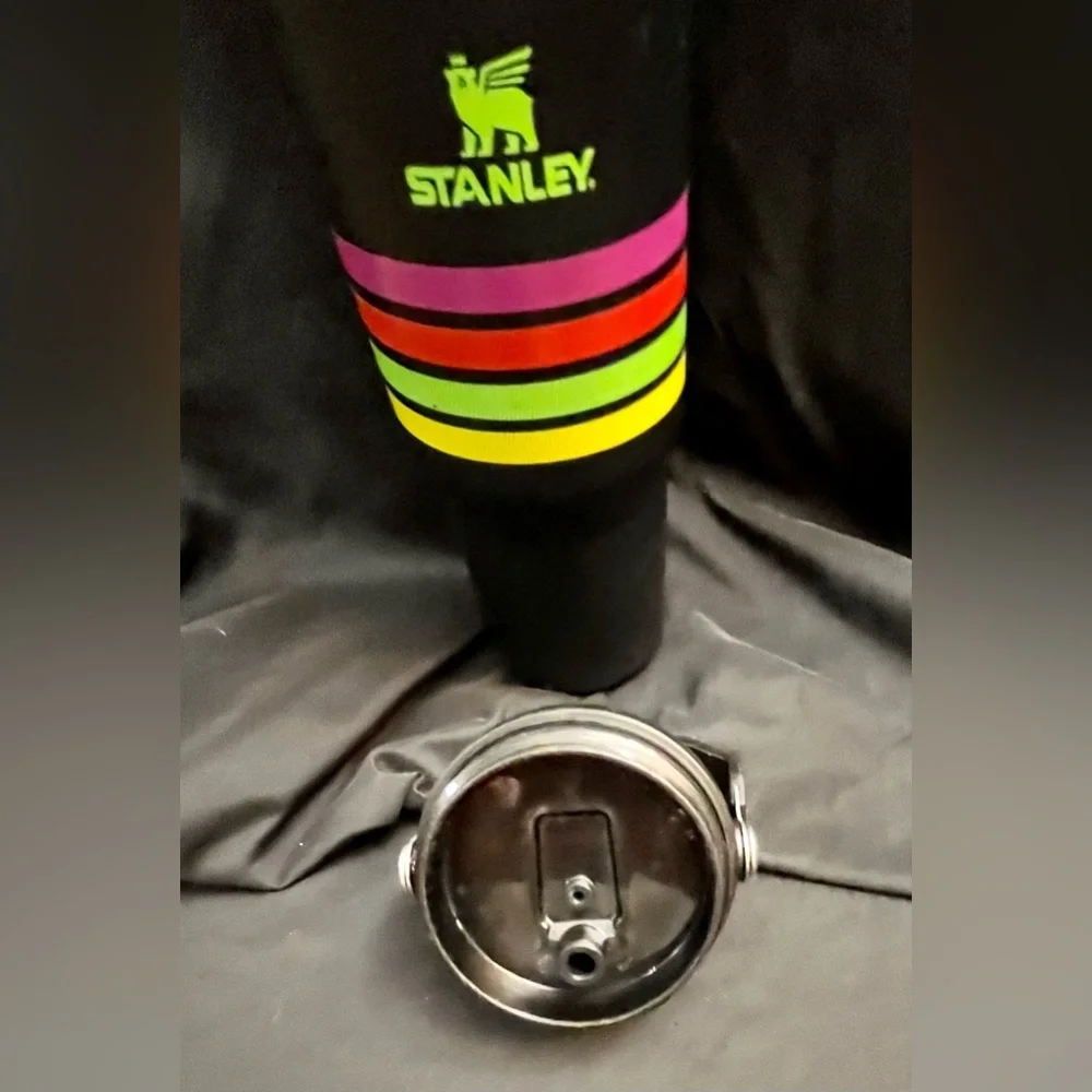 Stanley 30 Ounce Distressed Black Travel Mug with Rainbow of Neon Stripes Trendy - Picture 10 of 12